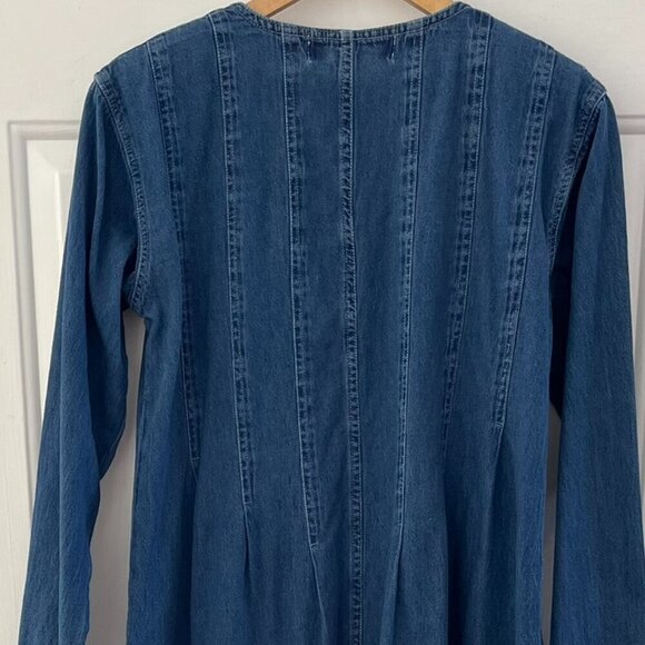 Vintage Jane Ashley Denim Embroider Leave Peasant Farm House Midi Dress Sz LR - Picture 3 of 6